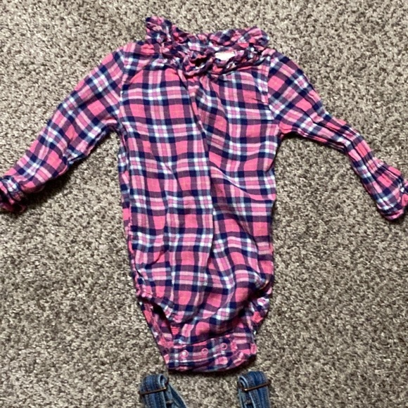 Oshkosh Bgosh overalls with plaid onsie - Picture 2 of 9